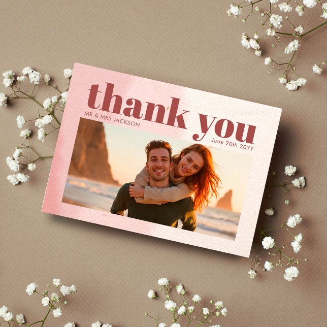 Cartão De Agradecimento Casamento de Fotografias com Script Bold Blush e B (Criador carregado)