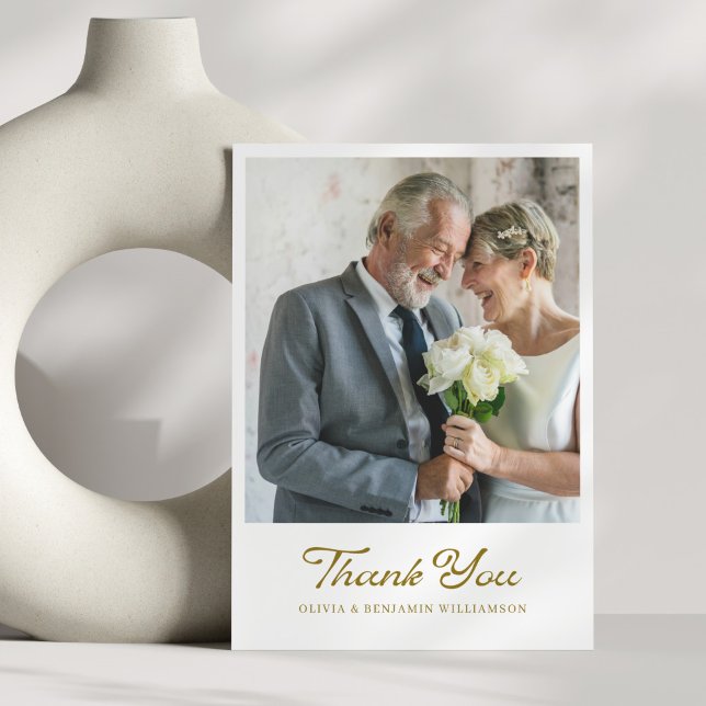 Cartão De Agradecimento Casamento de Fotografias com Script de Ouro Elegan (Criador carregado)