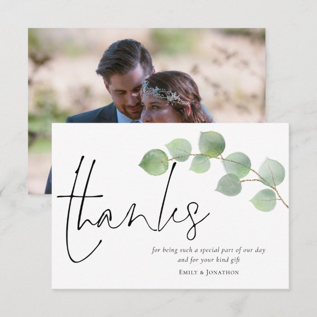 Cartão De Agradecimento Casamento de Fotografias com Script Eucalyptus Min (Frente/Verso)