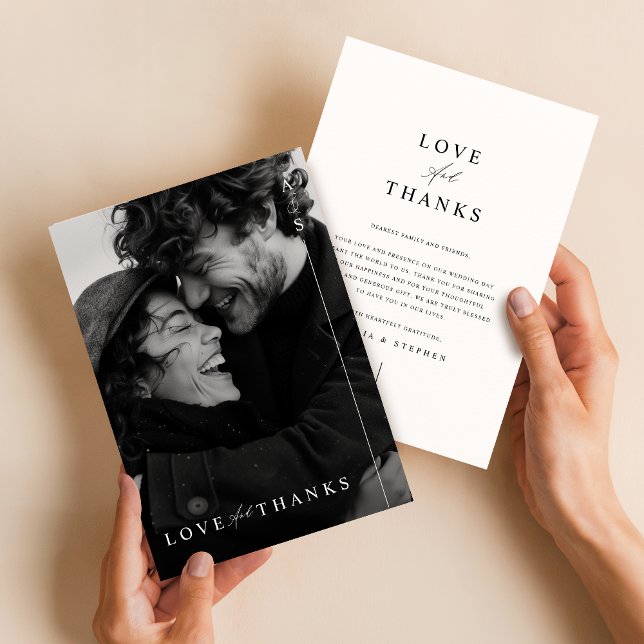 Cartão De Agradecimento Casamento de Fotografias com Script Negro Moderno  (Criador carregado)