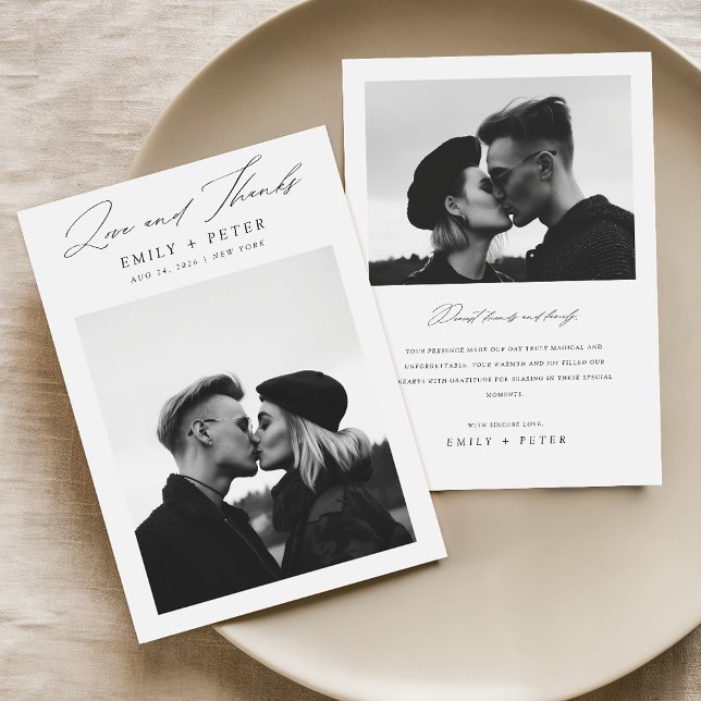 Cartão De Agradecimento Casamento de Fotografias com Script Preto Minimali (Criador carregado)