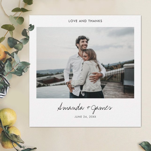 Cartão De Agradecimento Casamento de Fotografias com Script Preto Moderno  (Criador carregado)