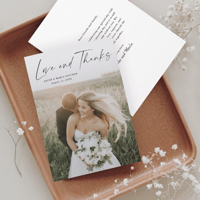 Cartão De Agradecimento Casamento de Fotografias com Simples Script Love e (Criador carregado)