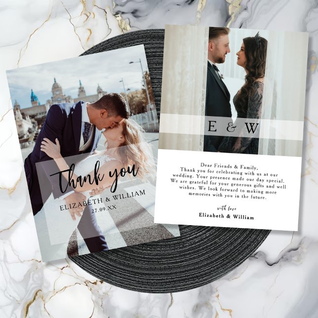 Cartão De Agradecimento Casamento de Fotografias com uma camada branca Ele (Simple Elegant white overlay 2 Photo Wedding Thank You Card)