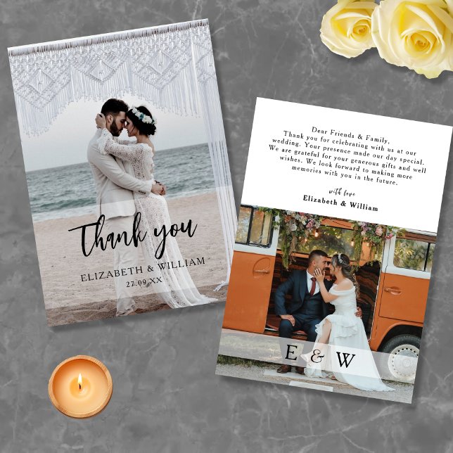 Cartão De Agradecimento Casamento de Fotografias com uma camada branca sim (Modern Simple white overlay 2 Photo Wedding Thank You Card)