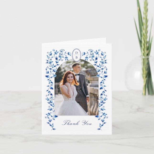Cartão De Agradecimento Casamento de Fotografias de Delft Azul e Branco (Frente)