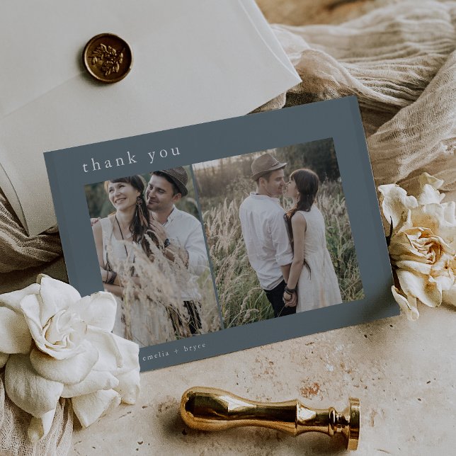 Cartão De Agradecimento Casamento de Fotografias de EMELIA Flat Dusty Blue (EMELIA Flat Dusty Blue Minimal 2 Photo Wedding Thank You Card)