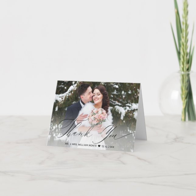 Cartão De Agradecimento Casamento de Fotografias de Escrita Negra Elegante (Frente)