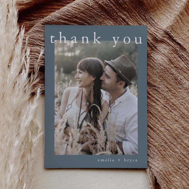 Cartão De Agradecimento Casamento de Fotografias de Inverno Azul Mínimo da (EMELIA Flat Minimalist Blue Winter Photo Wedding Thank You Card)