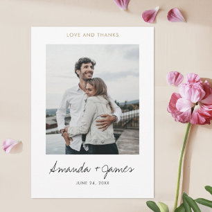 Cartão De Agradecimento Casamento de Fotografias de Script Dourado Moderno