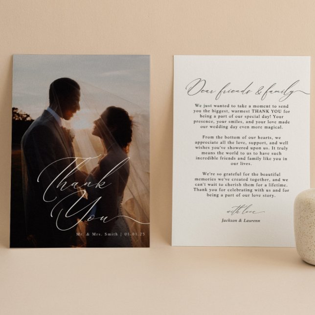 Cartão De Agradecimento Casamento de Fotografias de Script Elegante Modern (Criador carregado)