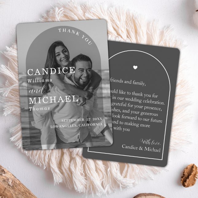 Cartão De Agradecimento Casamento De Fotografias Do Arco Branco E Preto Mo (Criador carregado)