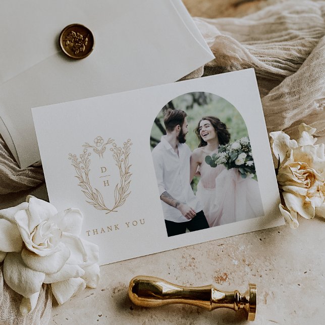 Cartão De Agradecimento Casamento de Fotografias do Rico Branco Dourado El (DAPHNE Flat Elegant Gold White Fancy Photo Wedding Thank You Card)