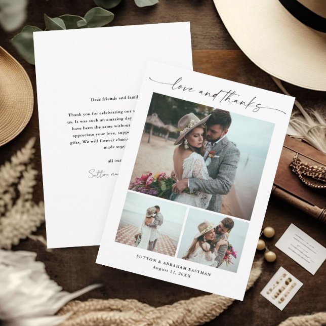 Cartão De Agradecimento Casamento de Fotografias do Script Moderno 3 (Elegant 3 photo wedding thank you card with modern love and thanks script typography.)
