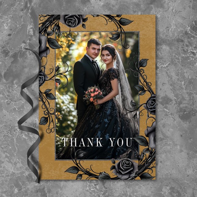 Cartão De Agradecimento Casamento de Fotografias Douradas de Rosas Negros  (Gothic Black Raven Black Roses Gold Photo Wedding Thank You Card)
