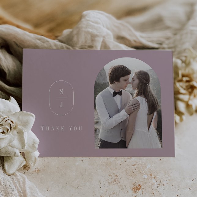 Cartão De Agradecimento Casamento de Fotografias Geométricas do XYLAH Flat (SHYLAH Flat Lilac Geometric Monogram Photo Wedding Thank You Card)