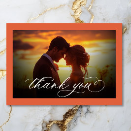 Cartão De Agradecimento Casamento de Fotografias Mínimo do Script Laranja