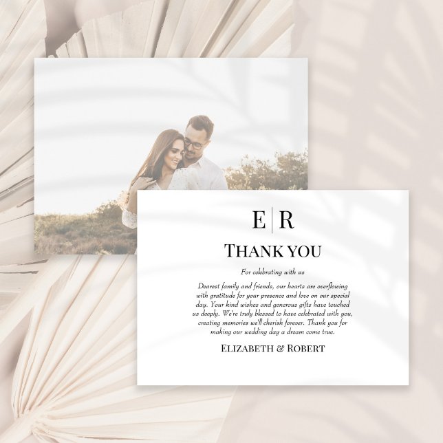 Cartão De Agradecimento Casamento de Fotografias Personalizadas do Monogra (Black and White Monogram Custom Photo Wedding Thank You Card on a sunny white dry palm leaf.)
