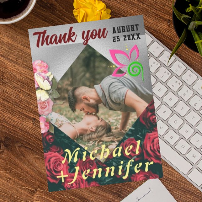 Cartão De Agradecimento Casamento de Fotografias Personalizadas Floral Ele (Criador carregado)