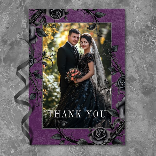 Cartão De Agradecimento Casamento de Fotografias Rosa Raven Preto-Negro-Gó (Gothic Black Raven Black Rose Purple Photo Wedding Thank You Card)