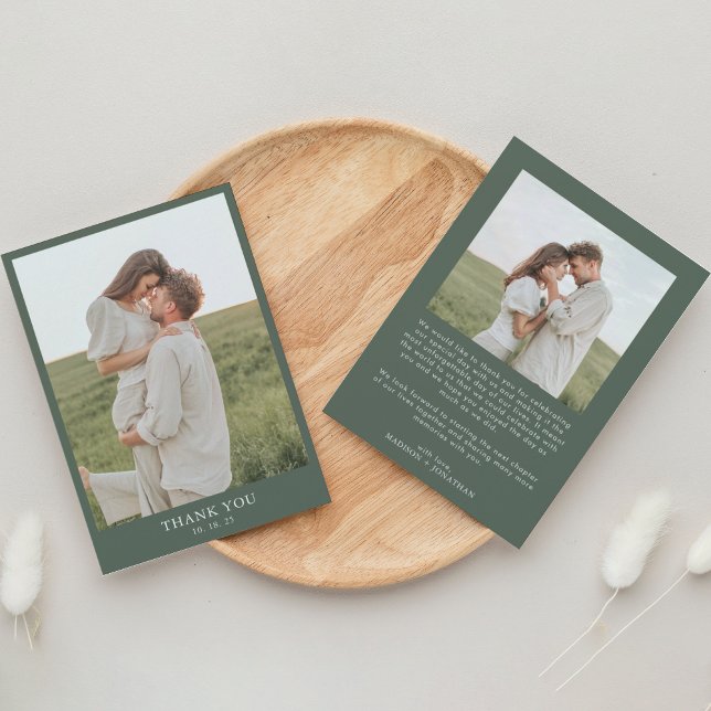 Cartão De Agradecimento Casamento de Fotografias Simples 2 Clássico Verde  (Criador carregado)