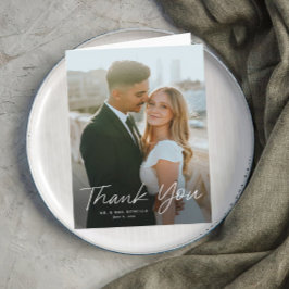 Cartão De Agradecimento Casamento de Fotografias Simples com Script Modern