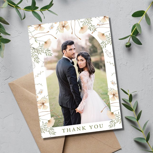 Cartão De Agradecimento Casamento de Fotografias Simples em Arch de Flores (Simple Wildflowers Arch Photo Wedding Thank You Card)