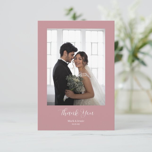 Cartão De Agradecimento Casamento de Fotografias Simples, Rosa e Branco (Em pé/Frente)
