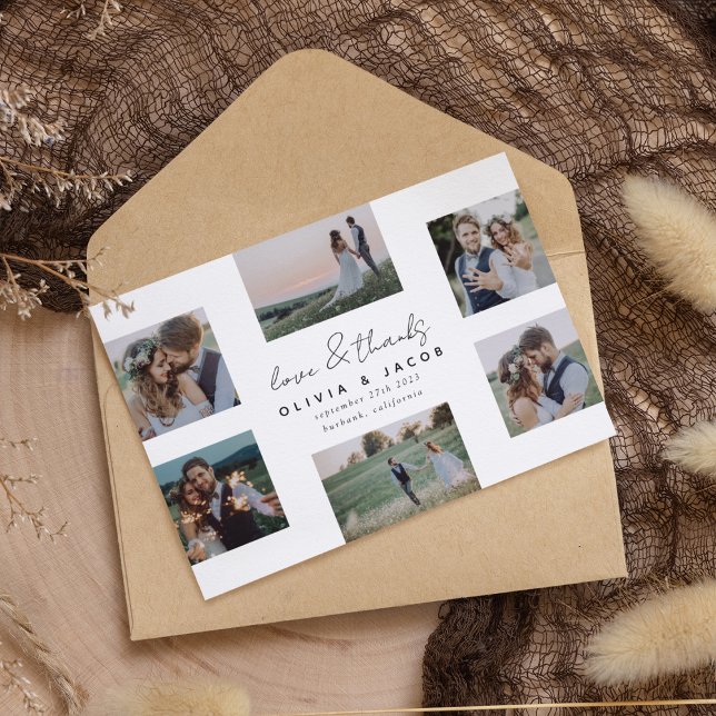 Cartão De Agradecimento Casamento de Fotos com Amor e Obrigados Manuscrito (Criador carregado)