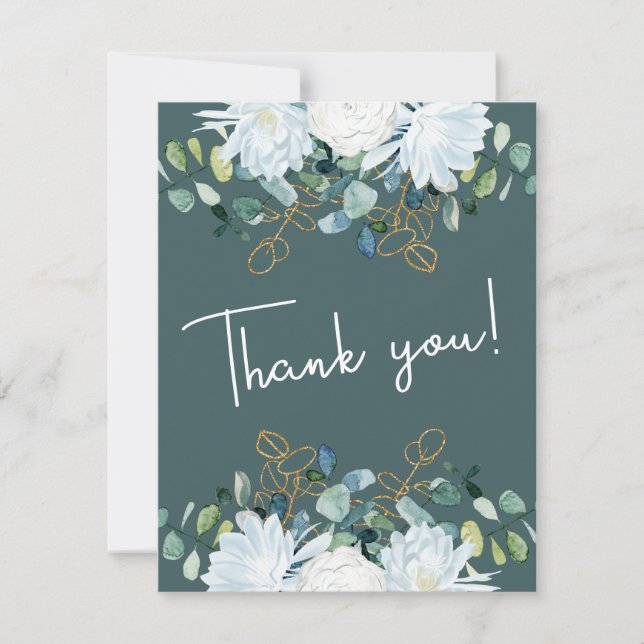 Cartão De Agradecimento Casamento de fotos com flores brancas de eucalipto (Frente)