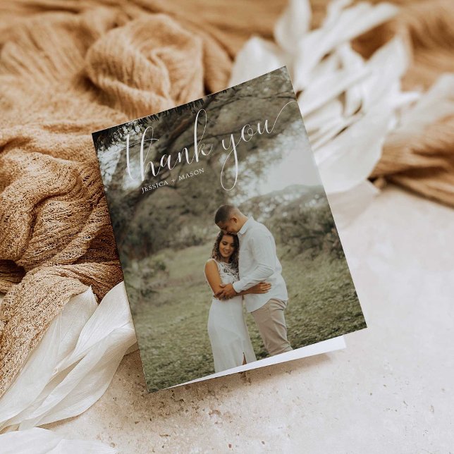 Cartão De Agradecimento Casamento de Fotos com Script Branco Obrigado Cart (Criador carregado)