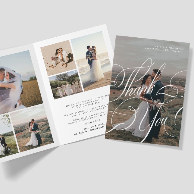 Cartão De Agradecimento Casamento de fotos com script de caligrafia modern (Criador carregado)