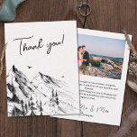Cartão De Agradecimento Casamento de fotos da floresta russa das montanhas<br><div class="desc">Envie estes temas da floresta... obrigado a obrigado de seu convidado por fazer parte de seu dia especial. A frente do cartão apresenta um esboço preto-e-branco desenhado à mão de uma floresta de pinheiros de montanha, complementado com a legenda personalizável "Obrigado!" em letra de caligrafia negra. As costas são personalizáveis...</div>