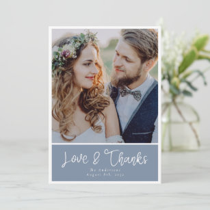 Cartão De Agradecimento Casamento de Fotos de Obrigados e Amor Azul Dusty