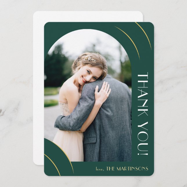 Cartão De Agradecimento Casamento de Fotos Dourado e Verde Esmeralda Moder (Frente/Verso)