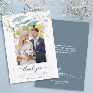 Cartão De Agradecimento Casamento de Fotos Elegante Azul Dusty