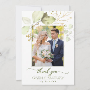 Cartão De Agradecimento Casamento de Fotos Elegante Floral Verde de Aquare