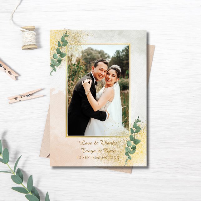 Cartão De Agradecimento Casamento de Fotos Elegante Verde e Dourada (Elegant Green & Gold Photo Wedding Thank You Card)