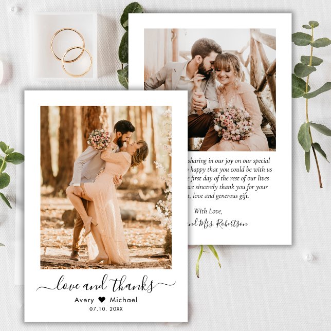 Cartão De Agradecimento Casamento de Fotos Moderno com Obrigados e Amor (Criador carregado)