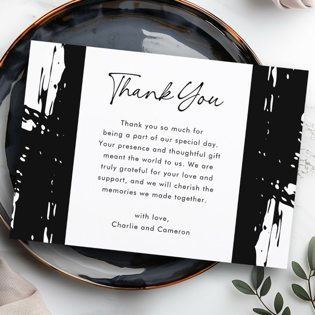 Cartão De Agradecimento Casamento de fotos moderno com pincéis pretos (Black messy brushstrokes modern photo wedding thank you card)