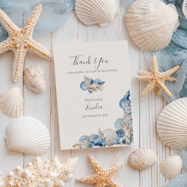 Cartão De Agradecimento Casamento de fronteira com Seashell Elegante (Criador carregado)