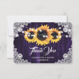 Cartão De Agradecimento Casamento de Girassol Roxo Madeira Rústica Floral 