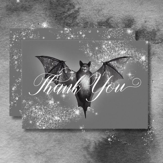 Cartão De Agradecimento Casamento de Glam Bat e Diamantes do Halloween Neg (Dark Halloween Glam Bat & Diamonds Wedding Thank You Card)