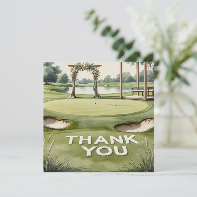 Cartão De Agradecimento Casamento de Golfe com Texto no campo de golfe (Em pé/Frente)