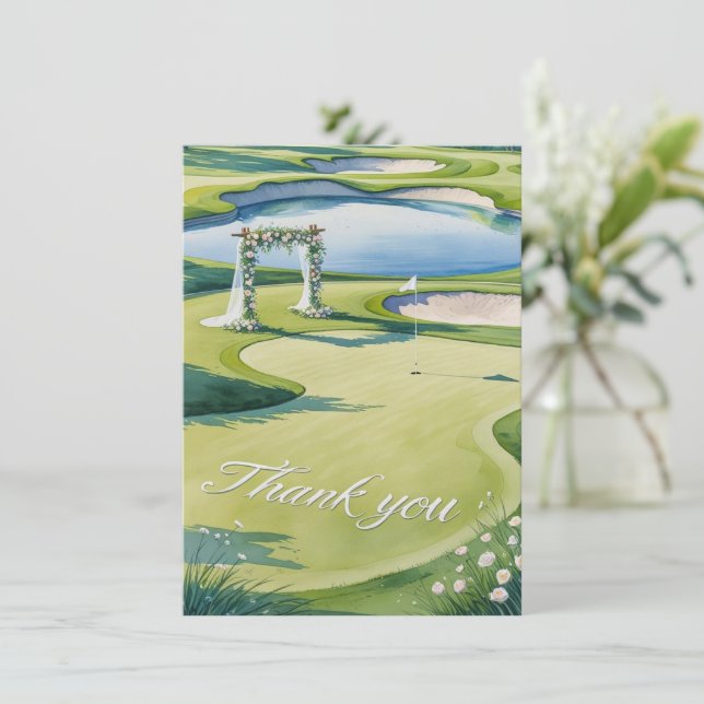 Cartão De Agradecimento Casamento de Golfe com Texto no campo de golfe (Em pé/Frente)