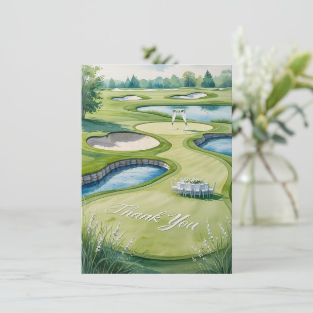Cartão De Agradecimento Casamento de Golfe com Texto no campo de golfe (Em pé/Frente)