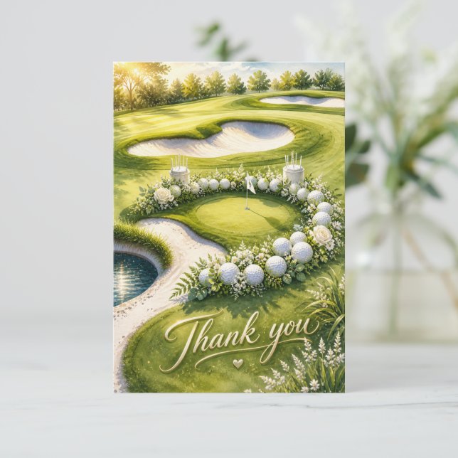 Cartão De Agradecimento Casamento de Golfe com Texto no campo de golfe (Em pé/Frente)