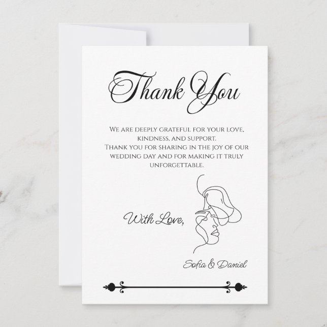 Cartão De Agradecimento Casamento de ilustração de Casal de Arte de Linha  (Frente)