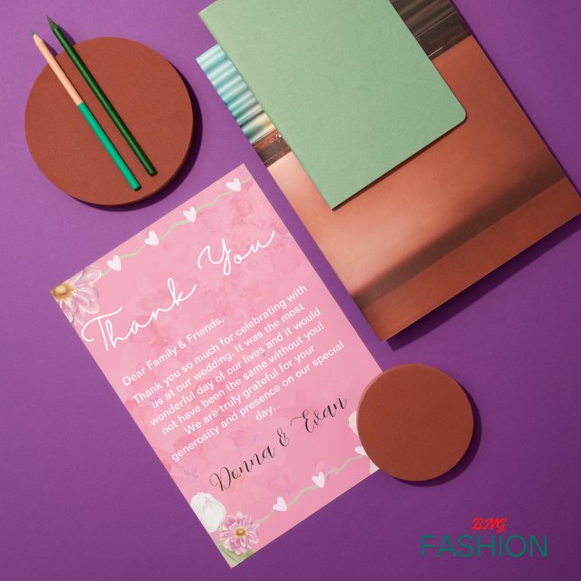 Cartão De Agradecimento Casamento de Ilustração Floral de Aquarela Rosa (Criador carregado)