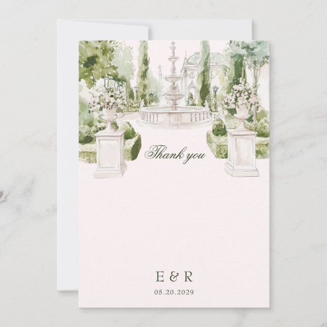 Cartão De Agradecimento Casamento de Jardim de Manor de Aquarela Elegante (Frente)